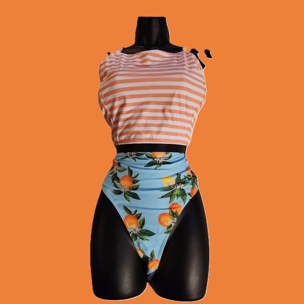 NEW Davi & Dani Citrus Stripe Bikini Set High Waist Orange Lemon Print- 3XL
